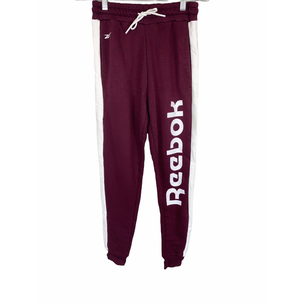 Reebok Women's Pull-on Linear Logo French Terry Pants Maroon 1X Plus Size
